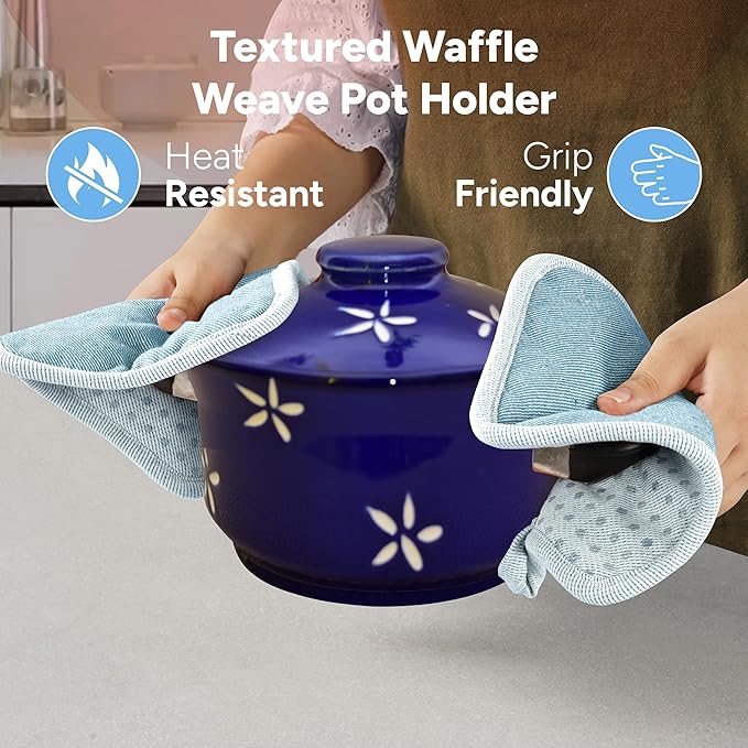 Casa Platino BBQ Gloves & Potholders Set, 4Pc Kitchen Mitts for Oven & Baking, Holder for Hot Pots & Dishes – Heat Resistant Up to 500°F, Non-Slip & Machine Washable – Cornflower