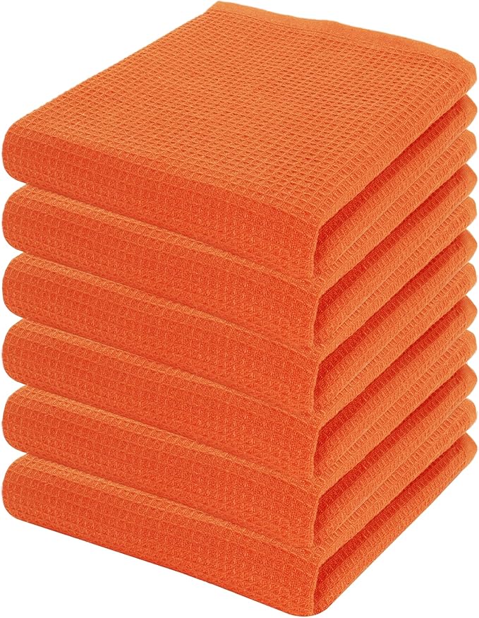 PurpleEssences Waffle Weave Kitchen Towel, 100% Cotton - 15x25 Inches with Hanging Loop, Ultra Soft Absorbent Quick Drying Dish Cloth, Tea and Hand Towels, 6 Pack - Spring Easter Summer - Orange