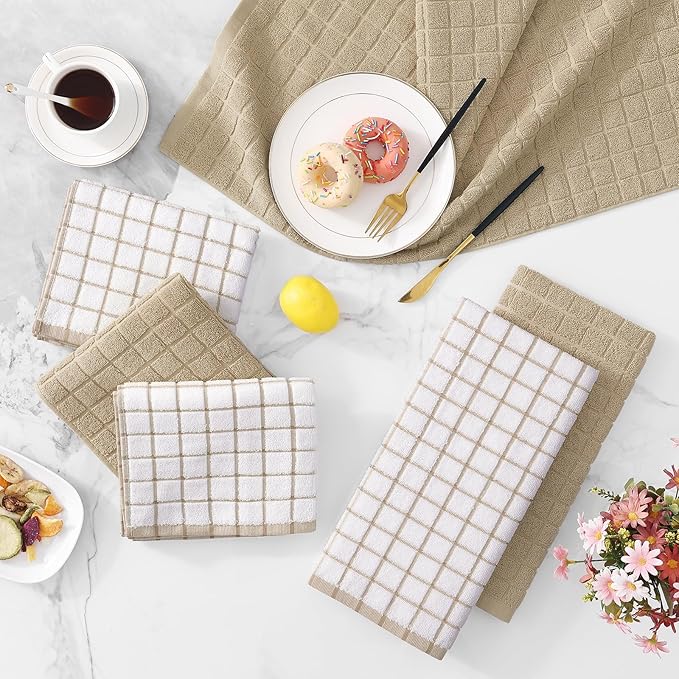Homaxy Premium Cotton Kitchen Towels 16"x 28", Large Natural Ring Spun 390 GSM Dish Towels, Super Absorbent Terry Kitchen Hand Towels, Soft Tea Towels with Hanging Loop, Tan Check Design, 6 Pack
