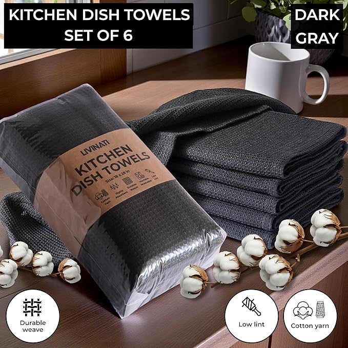 Highly Absorbent Cotton Dish Towels for Drying - Set of 6 Dark Gray Kitchen Towels - 18"X28" Lint Free Waffle Weave Cloth Linen Hand Bathroom Bulk Dishtowels