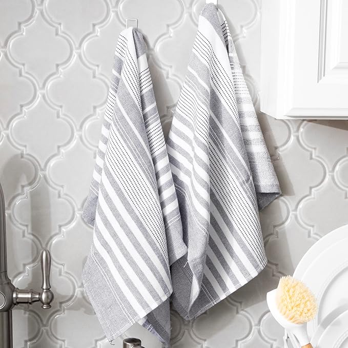 T-Fal Premium Dual-Sided Skipping Striped Kitchen Towels (2-Pack), 18" x 28", Highly Absorbent, Long-Lasting, Reversable 100% Flat-Weave Cotton Dish Towels, Hand Towels, Bar Towels, Graphite