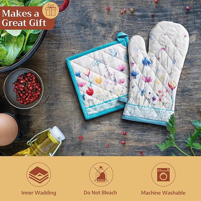Maison d'Hermine Oven Gloves 100% Cotton Oven Mitt 7" x 13" with Loop Heat Resistant BBQ Cooking Gloves Baking Grilling Gifts for Mothers Day Spring/Summer (Pack of 1, Flower in The Field)