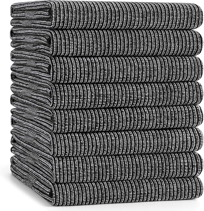 Mordimy Premium Kitchen Towels 8 Pack (18 x 28 Inches, Black), Large Cotton Kitchen Hand Towel, Flat & Terry Dish Towels for Drying Dishes, Super Absorbent Tea Dishtowels Set with Hanging Loop