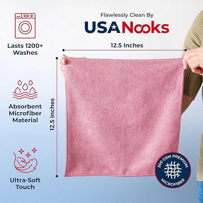 USANOOKS Microfiber Cleaning Cloth Light Pink - 12 Pcs 12.5"x12.5" - High Performance - 1200 Washes, Ultra Absorbent Towels Weave Grime & Liquid for Streak-Free Mirror Shine - Car Washing Cloth