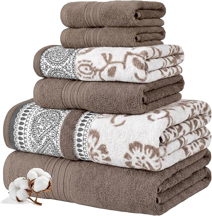Modern Threads Floral Trail 6-Piece 100% Cotton Towel Set – Reversible Yarn Dyed Jacquard – Includes 2 Bath Towels, 2 Hand Towels, 2 Washcloths – Absorbent, Quick Dry, Soft & Durable – Taupe Brown