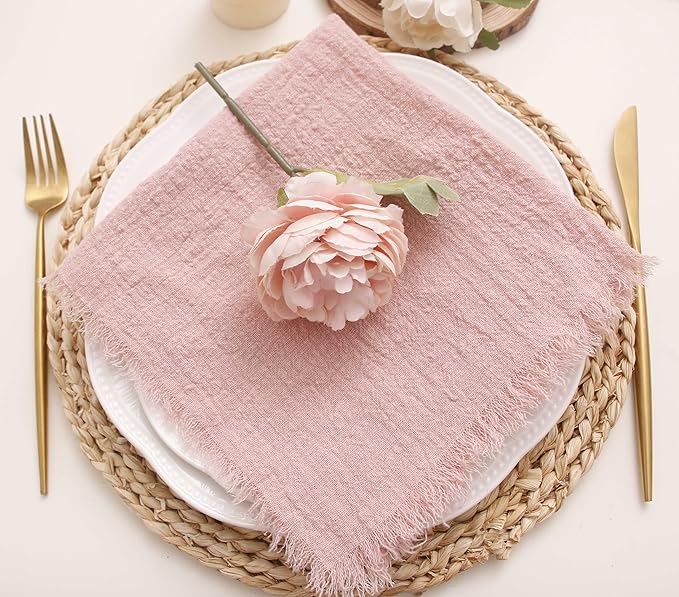 Cloth Napkins with Fringe Set of 12,100% Natural Soft Cotton, Easter Spring Washable Gauze Napkins for Wedding Decorative,Dinner Parties, (12 Pack, Dusty Pink)
