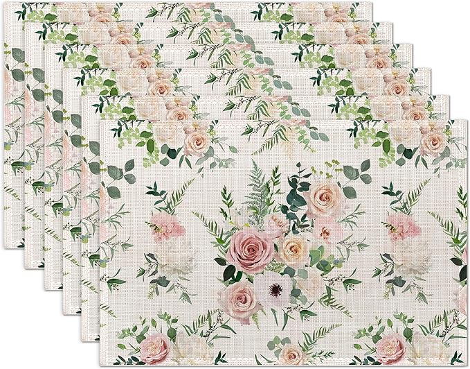 Placemats Set of 6, Watercolor Rose Flowers Linen Place Mats,Modern Washable Table Placemats 12"x18" Heat Resistant Table Mats for Dining Kitchen Party Holiday Decoration