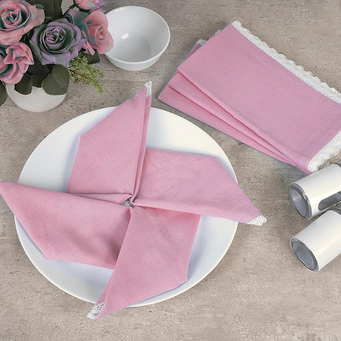 Fingercraft Dinner Cloth Napkin Cotton Linen Blend 12 Pack Mitered Corners with Elegant Lace for Everyday Use Napkins are Pre Shrunk and Good Absorbency (Pastel Rose, 20in x 20in (Set of 12))