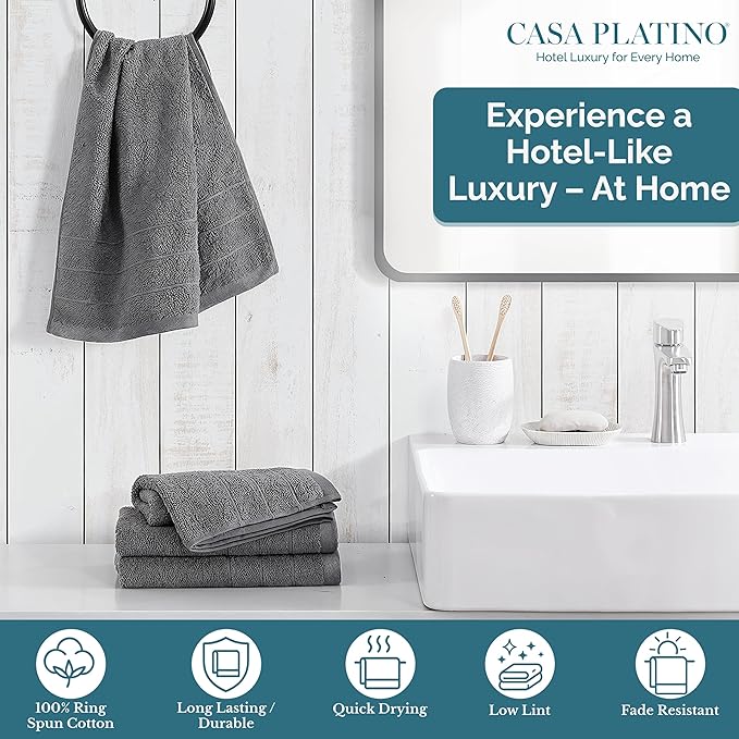 CASA PLATINO Hand Towels for Bathroom - 4 Pack (16"x28"), 100% Cotton Face Towel Set - Soft, Fade & Shrink Resistant - Hotel & Spa Inspired Hand Towels for Bathroom for Modern Family Homes - Cool Grey