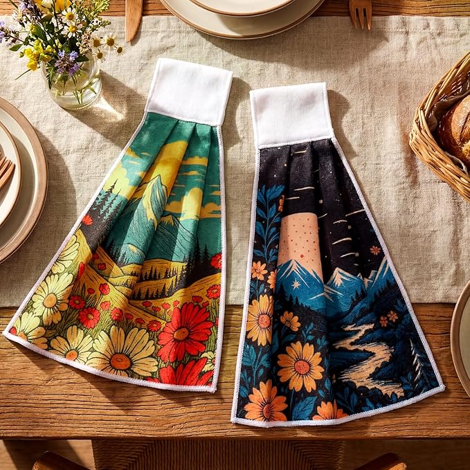 Tegeme 6 Pcs Hanging Kitchen Towels with Loop, Absorbent Hand Tie Towels Microfiber Decorative Fast Drying Kitchen Hanging Towel for Home Bathroom (Scenery)