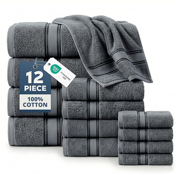 LANE LINEN Towel and Washcloths Set of 12 – 100% Cotton, Zero Twist, 4 Large Bath Towel, 4 Hand Towels & 4 Wash Cloths, Quick Dry & Long-Lasting, Perfect for Family Bathrooms, Easy Care – Cool Grey