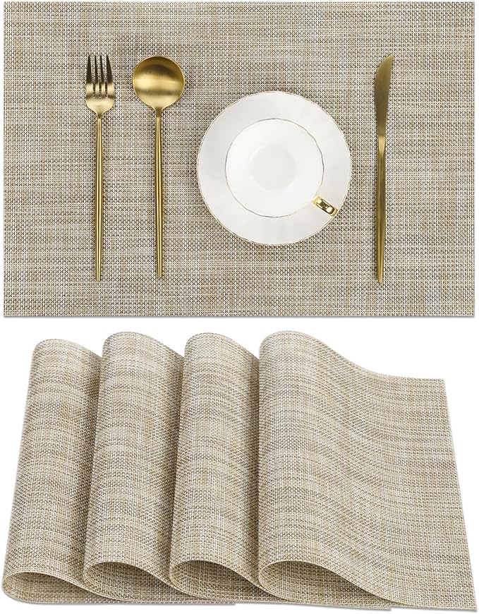 SHACOS Placemats Set of 4 Woven Vinyl Reversible Plastic Durable Place Mats Wipeable Stain Resistant Kitchen Dining Table Mats Indoor Outdoor Table Placemat, Beige
