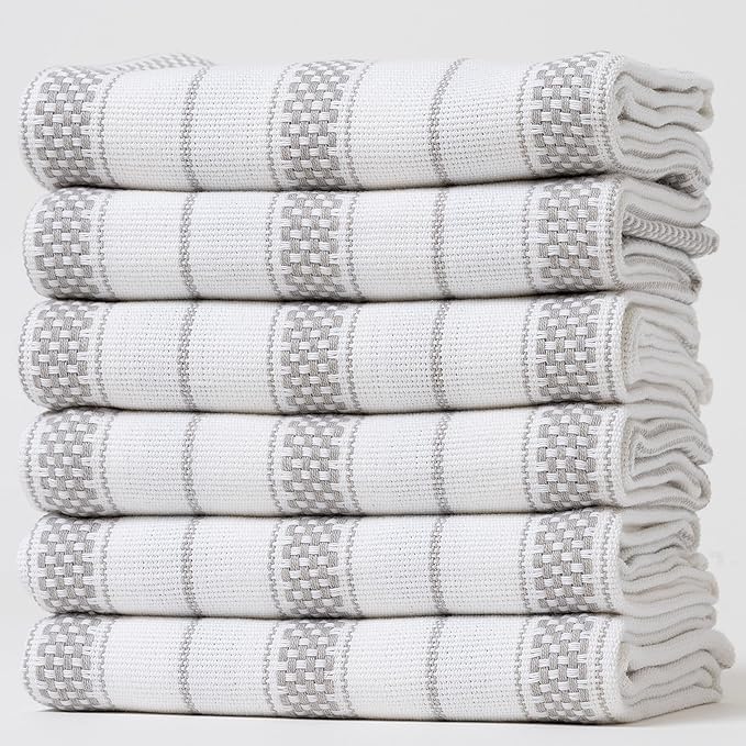Kitchen Towels Set – Pack of 6 (20’’ x 30’’) Extra Large Premium Cotton Dish Towels for Kitchen – Chain Stripe Towels – Absorbent – 100% Cotton – with Hanging Loop – Light Grey