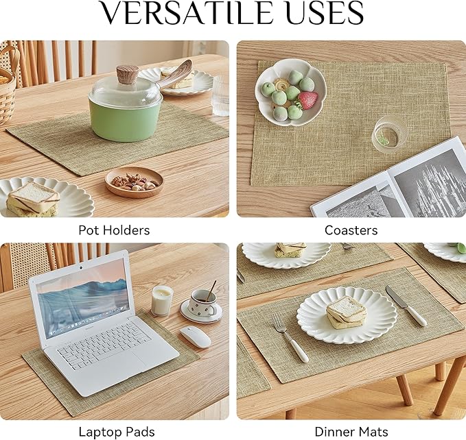 Softalker Faux Linen Placemats Set of 4-12 x 18 Inch, Heat Resistant Double Layered Durable Burlap Farmhouse Place Mats, Non-Slip Washable Rustic Table Mats for Dining, Kitchen, Party（Khaki