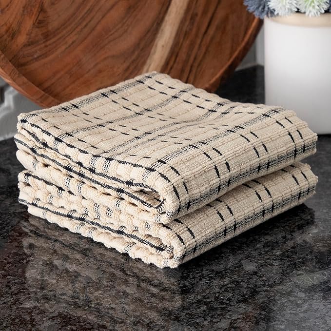 Ritz Royale Collection 100% Combed Terry Cotton, Highly Absorbent, Oversized Checked Kitchen Towel Set, 28" x 18", 2-Pack, Black