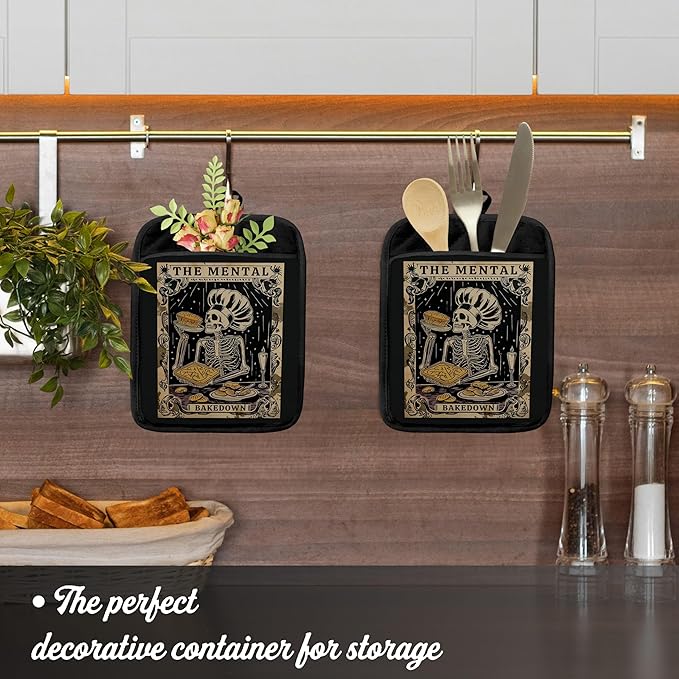 Gothic Skeleton Pot Holders with Pockets, Funny Baking Gifts Pot Holders Heat Resistant Oven Mitts Hot Pads for Kitchen Baking Cooking,Potholders for Kitchens