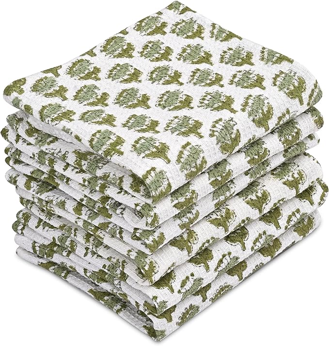 CPC Emerald Green Hand Block Printed Cotton Waffle Dish Cloth Set of 6-12x12 Inch Super Absorbent, Soft, Reusable Kitchen Towels for Dish Drying & Cleaning Ideal for Spring, Mother's Day
