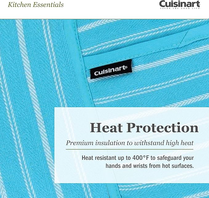 Cuisinart Neoprene Oven Mitts and Potholder Set -Heat Resistant Oven Gloves to Protect Hands and Surfaces with Non-Slip Grip, Hanging Loop-Ideal for Handling Hot Cookware, Twill Stripe Blue Curacao