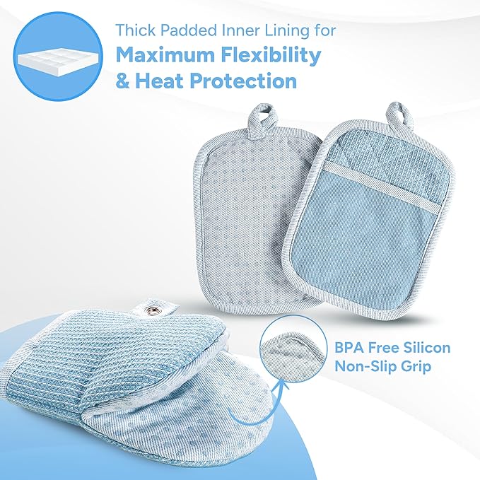 Casa Platino BBQ Gloves & Potholders Set, 4Pc Kitchen Mitts for Oven & Baking, Holder for Hot Pots & Dishes – Heat Resistant Up to 500°F, Non-Slip & Machine Washable – Cornflower