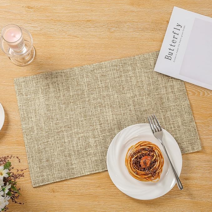 SHACOS Fabric Placemats Set of 4 Washable Heat Resistant Place Mats Non Slip Double Layer Thickened Rustic Farmhouse Table Mats Indoor Outdoor, Khaki