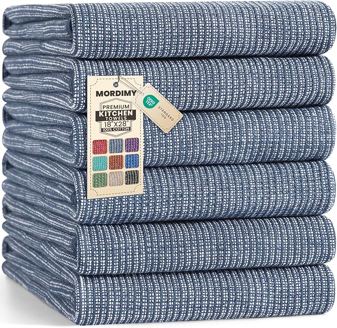 Mordimy Premium Kitchen Towels 6 Pack (18 x 28 Inches, Navy Blue), Large Cotton Kitchen Hand Towel, Flat & Terry Dish Towels for Drying Dishes, Super Absorbent Tea Dishtowels Set with Hanging Loop
