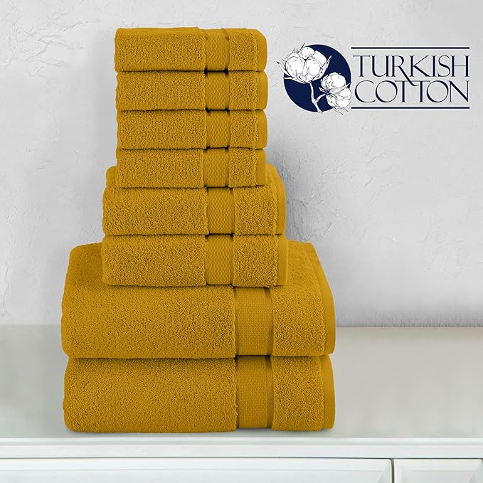 Elegant Comfort Premium Cotton 8-Piece Towel Set, Includes 4 Washcloths, 2 Hand Towels and 2 Bath Towels, 100% Turkish Cotton - Highly Absorbent and Super Soft Towels for Bathroom, Gold