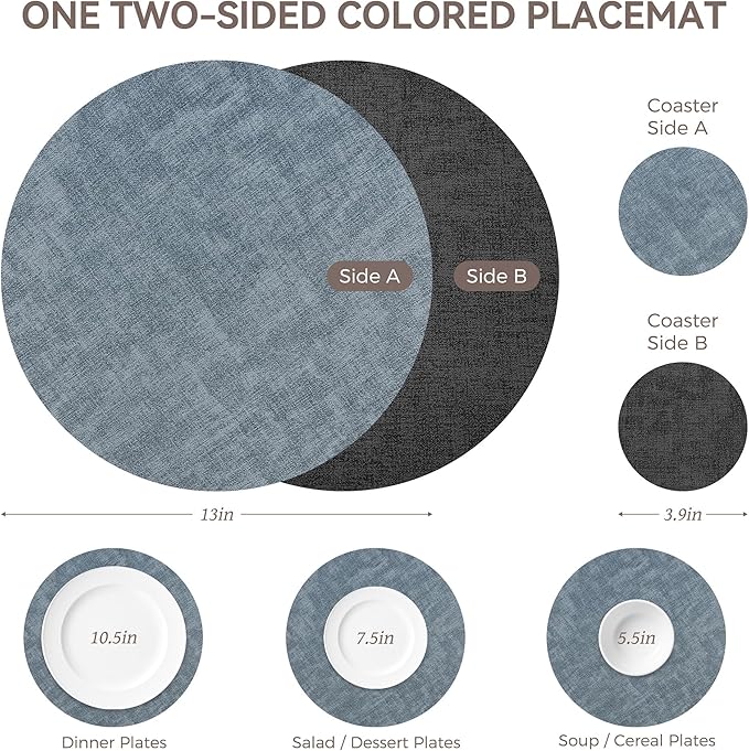 13" Round Placemats Set of 4, NCUE Dual-Sided Faux Leather Heat Resistant Table Mats, Waterproof Oilproof Washable Protective Table Placemats with Coaster, Wipeable Vinyl for Indoor & Outdoor Use