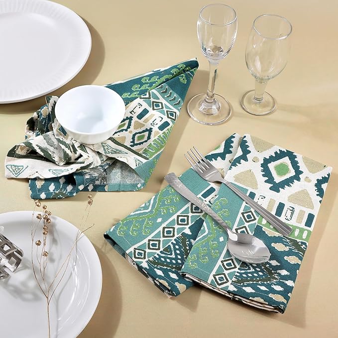 FINGERCRAFT Cloth Napkins, Set of 12 Cotton Linen Blend Printed Dinner Napkins Cloth Mitered Corner Perfect for Parties Dinners Weddings Cocktail Christmas Easter 20x20 Free Spirit