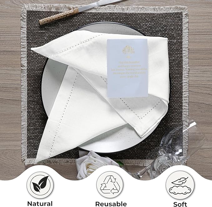 Ramanta Home White Coth Dinner Napkin Set of 12 Premium Easter Cotton 18X18 Inch Linen Flax Hemstitched Soft & Durable Napkins Ideal for Everyday Use, Wedding Parties, Spring Basket Decor