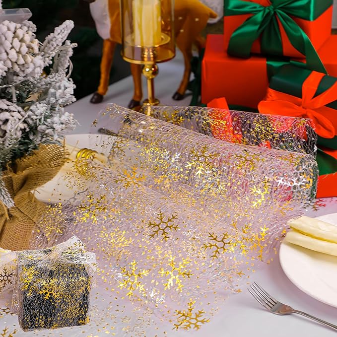 Snowkingdom Christmas Snowflake Gold Table Runner 11 Inch x 49 Feet Sparkly Gold Foil Glitter Metallic Mesh Runners Dining Table Decorations for Seasonal Winter Xmas Festival Holiday Home Party