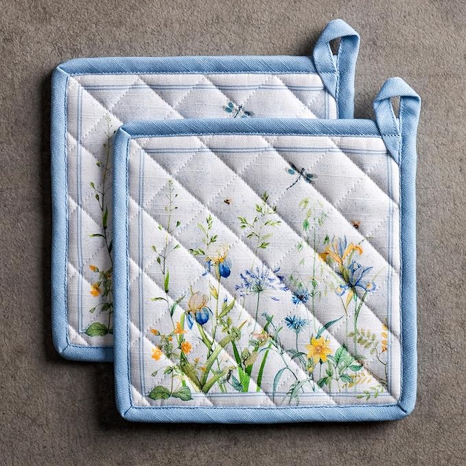 Maison d' Hermine Pot Holders 100% Cotton Heat Resistant Potholders 8" x 8" Hot Pads with Loop BBQ Cooking Baking Gifts for Mothers Day Handling Hot Pans Spring/Summer (Pack of 2, Fleurs De Mai)