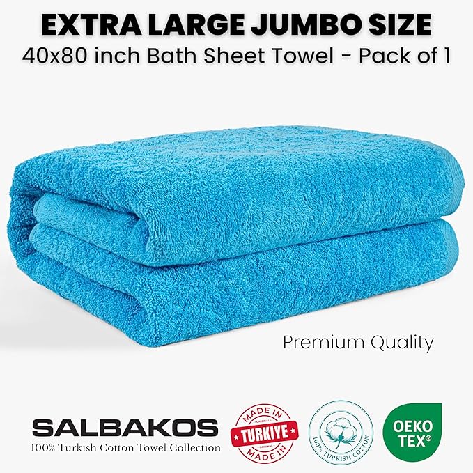 SALBAKOS Luxury 100% Turkish Cotton 40x80 in Extra Large Beach & Bath Towels | Oversized Bath Sheets | Premium Hotel Quality Thick Soft Absorbent Turkish Towel (Pack of 1, Aqua, Jumbo Bath Sheet)