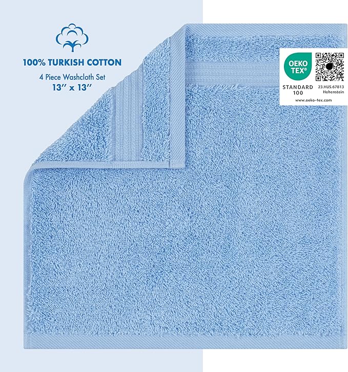 Cotton Paradise 100% Cotton Turkish Washcloth Set for Bathroom, 4 Piece Soft Absorbent Small Towels Wash Rags, Sky Blue