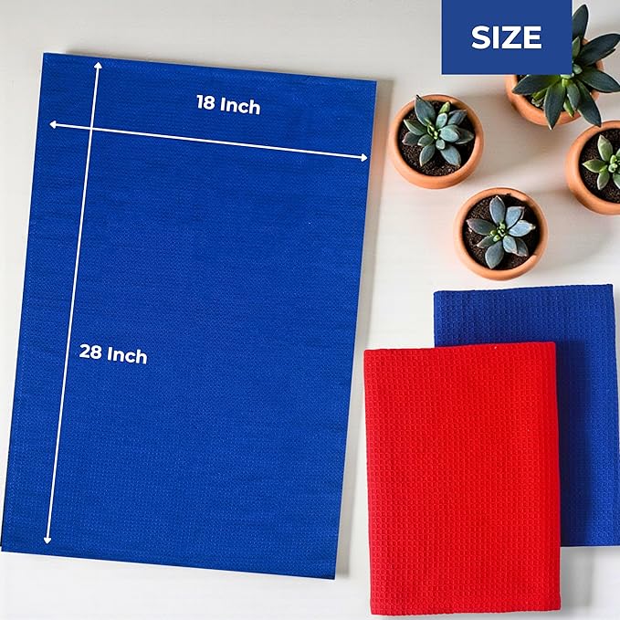 Highly Absorbent Cotton Dish Towels for Drying - Set of 3+3 - Royal Blue + Red Kitchen Towels - 18"X28" Lint Free Waffle Weave Cloth Linen Hand Bathroom Bulk Dishtowels
