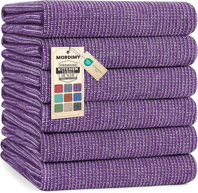 Mordimy Premium Kitchen Towels 6 Pack (18 x 28 Inches, Purple), Large Cotton Kitchen Hand Towel, Flat & Terry Dish Towels for Drying Dishes, Super Absorbent Tea Dishtowels Set with Hanging Loop