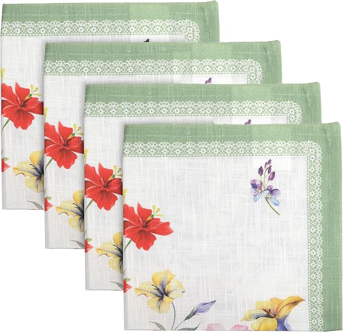 Vintage Vista Cotton Cloth Napkins Set of 4 (17" x 17") - Digital Printed Table Napkins Cloth Washable & Reusable for Everyday Use & Easter - (Red Flowers)