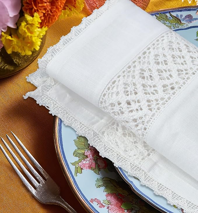 COTTON CRAFT Cloth Napkins with Lace - Set of 8 Elegant Everyday Fall Harvest Thanksgiving Holiday Table Lunch Dinner Napkins - 100% Cotton Soft Washable Reusable Serviette - 17x17 inches - White