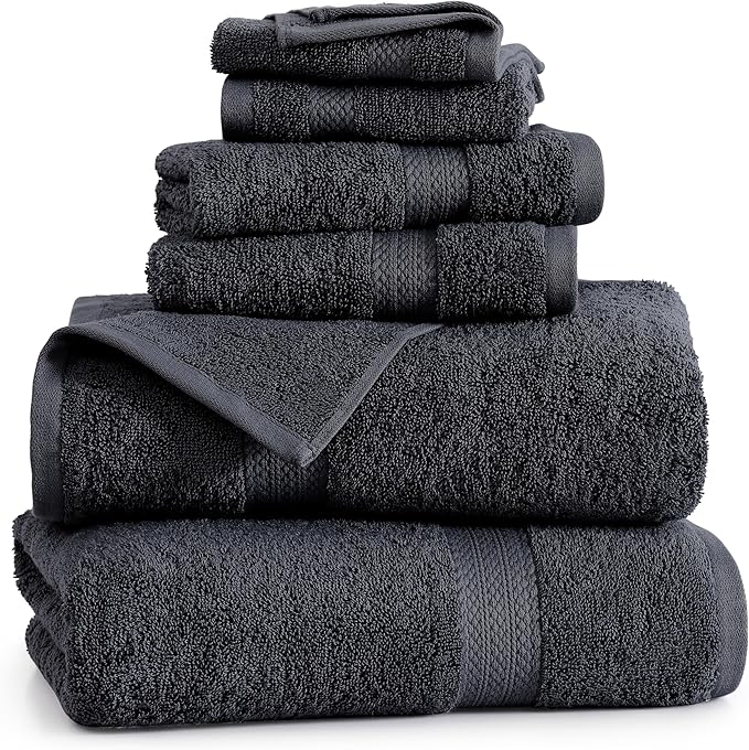 LANE LINEN 100% Cotton Towel Set for Bathroom - 6 Piece - Super Soft, Hotel Quality - 2 Bath, 2 Wash cloths, 2 Hand Towels for Bathroom - Classic, Gentle on Skin, Ideal for Spa & Daily Use - Black