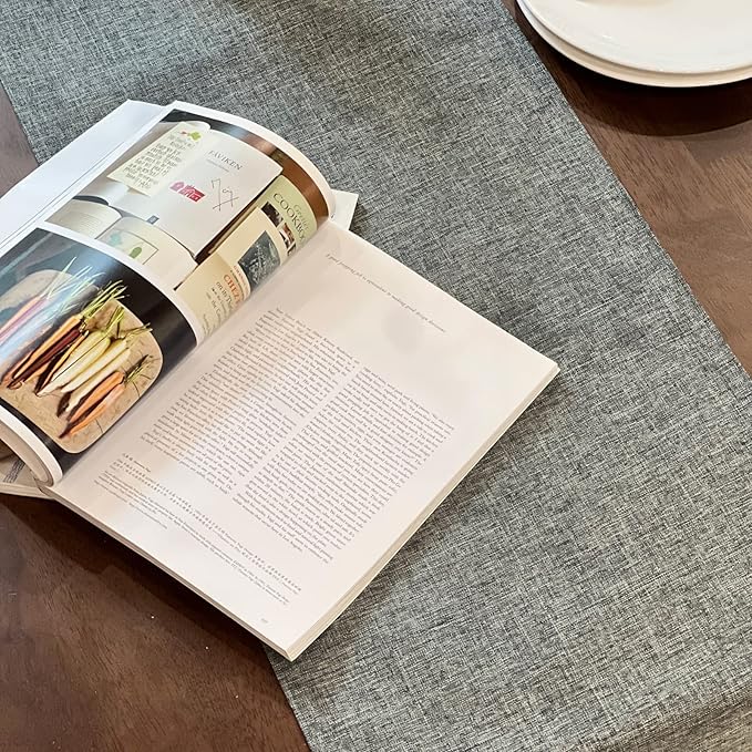 Table Runner and Placemats Set of 6 for Kitchen Dining Table Farmhouse Style Thick Cotton Linen Double Layer Heat Resistant Washable Table Runner Place Mats Set/ Grey