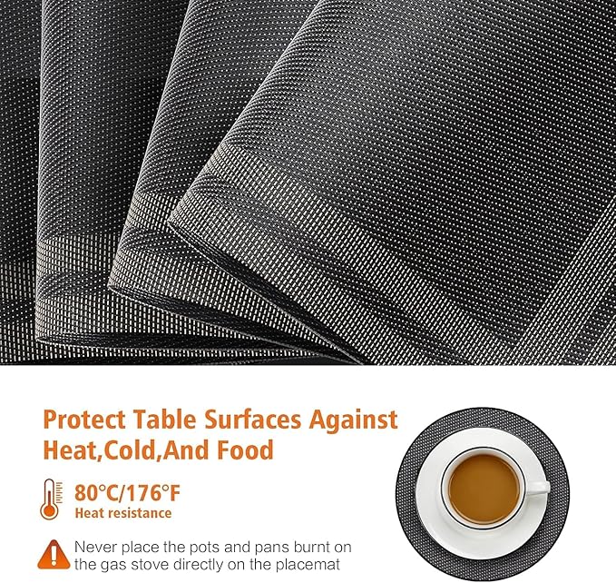 Placemats Set of 12,Washable,Heat and Stain Resistant Indoor/Outdoor Place mats,Vinyl Woven Non Slip Table Mats for Restaurant Table Protection,PVC Placemats(Black Gold,12PCS)
