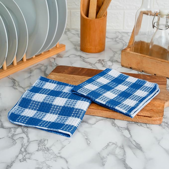 Blue Needles Set of 6 Waffle Weave Check Plaid Dish Cloths, 12x12 Inches 100% Cotton Dish Towels for Kitchen, Ultra Soft & Absorbent Kitchen Towels for Quick Drying Spring Summer - Sky Blue & White