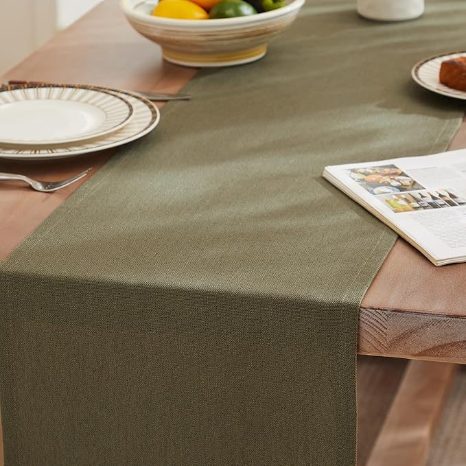 ZeeMart Rustic Cotton Linen Table Runner, 13x48 Inches Olive, Farmhouse Style Green Table Runners 48 Inches Long, Washable Kitchen Dining Table Decoration for Home Party Decor