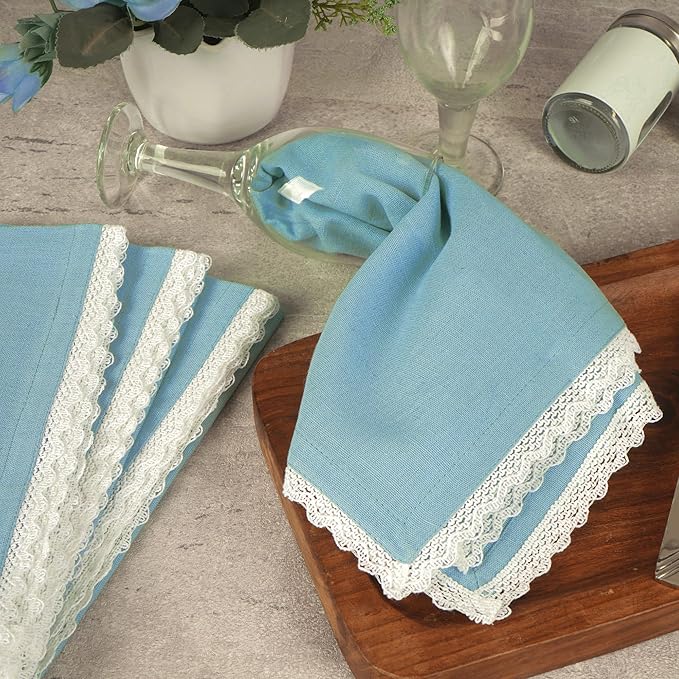 Fingercraft Dinner Cloth Napkin Cotton Linen Blend 12 Pack Mitered Corners with Elegant Lace for Everyday Use Napkins are Pre Shrunk and Good Absorbency Sky Blue, 20in x 20in (Set of 12) Easter Color