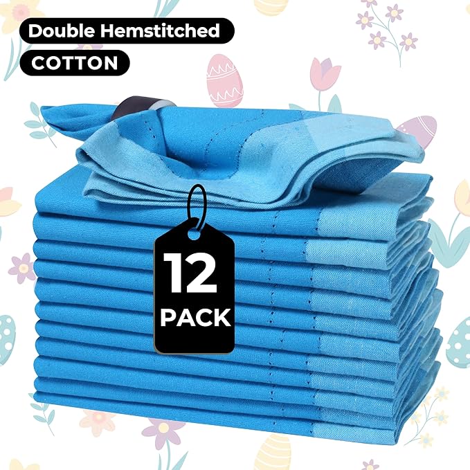 HOMIDATE Cotton Cloth Napkins Set of 12 – 20x20 Teal Blue Multi Double Hemstitched – Machine Washable Dinner Napkins for Weddings, Parties & Father’s Day Celebrations