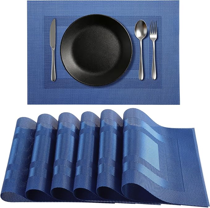 Timeet Blue Placemats Set of 6, Heat Resistant Non-Slip Place Mats, Durable Washable PVC Vinyl Woven Table Mats, Wipeable Placemats for Dining Table Easy to Clean