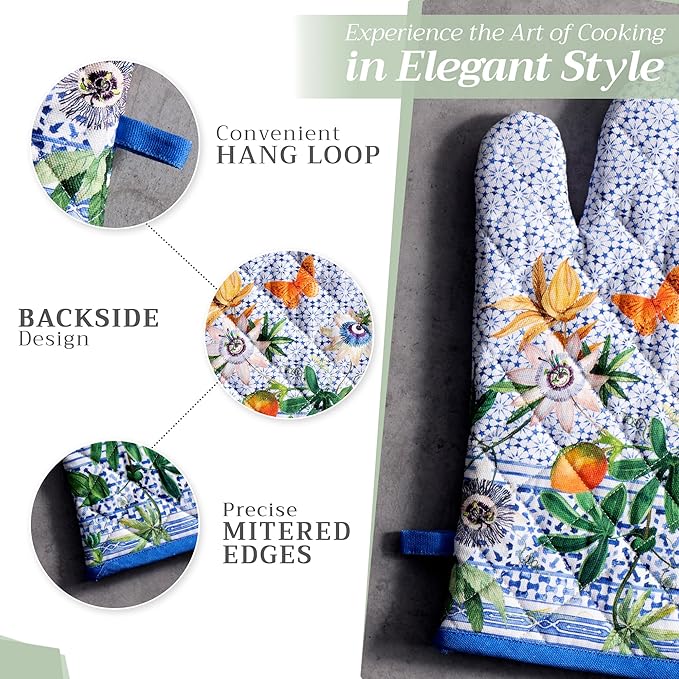 Maison d' Hermine 100% Cotton Oven Mitt & Pot Holder Set (7.5"x13" & 8"x8") Heat Resistant BBQ Cooking Gloves with Loop Baking Grilling Kitchen Gifts for Mothers Day Spring/Summer (Passiflora)