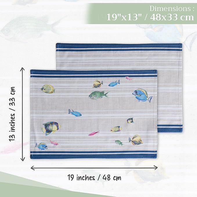 Maison d' Hermine Placemats Set of 4 100% Cotton Washable Cloth Place Mats Reusable Table Mats for Kitchen Dining Party Wedding Gifts for Mothers Day Spring/Summer (Poisson, 13" x 19")