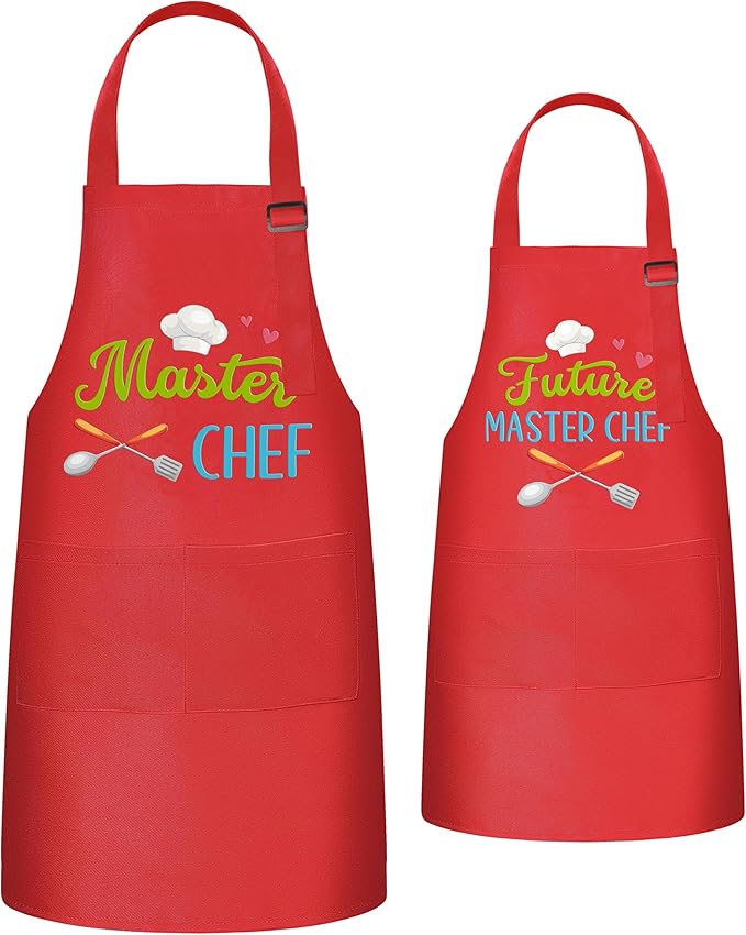 R HORSE 2Pcs Adults Kids Matching Apron Set - Parent and Child Adjustable Kitchen Apron with 2 Pockets - Mommy and Me Matching Gift for Women Kid Cooking Baking Painting Training Gardening