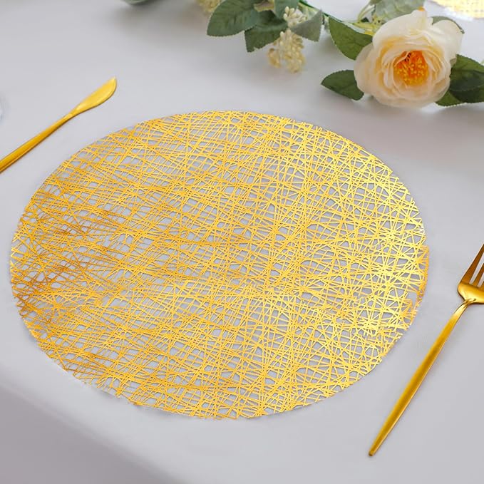 Snowkingdom Gold Placemats Set of 50, Gold Metallic Mesh Glitter Foil Place Mats 13 Inch Round Disposable Doilies for Dinning Table Fall Wedding Birthday Party Thanksgiving Christmas Decorations