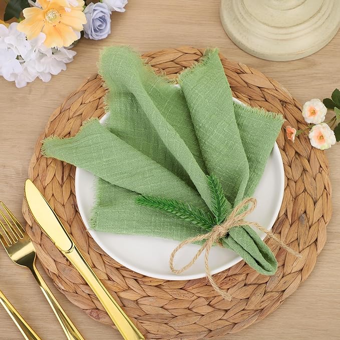 TURSTIN 12 Pieces Cotton Linen Cloth Napkin Handmade Cloth Napkin with Fringe 17 x 17 Inch Soft Dinner Wedding Napkins Square Rustic Fringe Table Napkins for Dinners, Parties, Weddings, Sage Green
